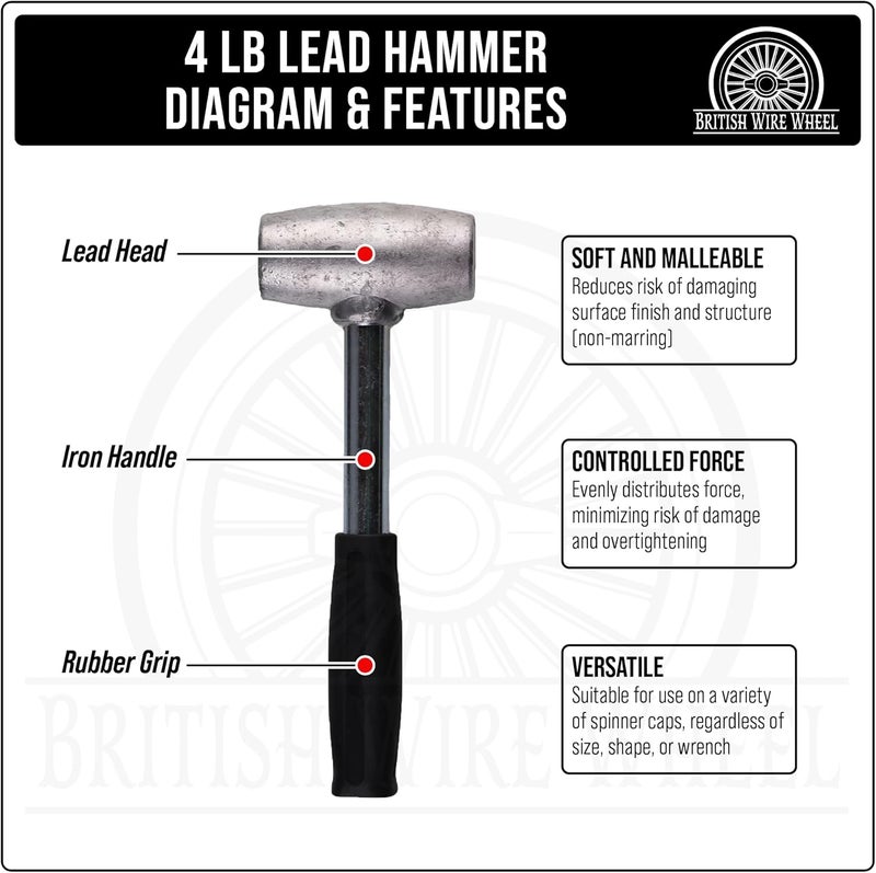 British Wire Wheel 4lb Lead Hammer and 10-sided Bullet Wrench Set - Dead Blow Lead Hammer + Bullet/Diamond Wrench are Essential Tools for Lowriders with Bullet Knock-Off Spinner Cap Fitted Wire Wheels - Image 3